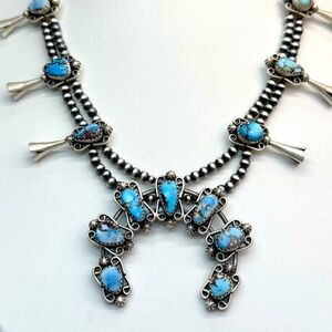 NGH54 RARE Golden Hills Turquoise Squash Blossom Naja Necklace/Choker S925